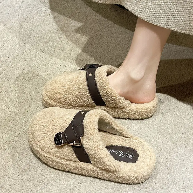 Thick bottom plush slippers women's outer wear fall winter Baotou half slippers padded warm new home cotton drag fashion street