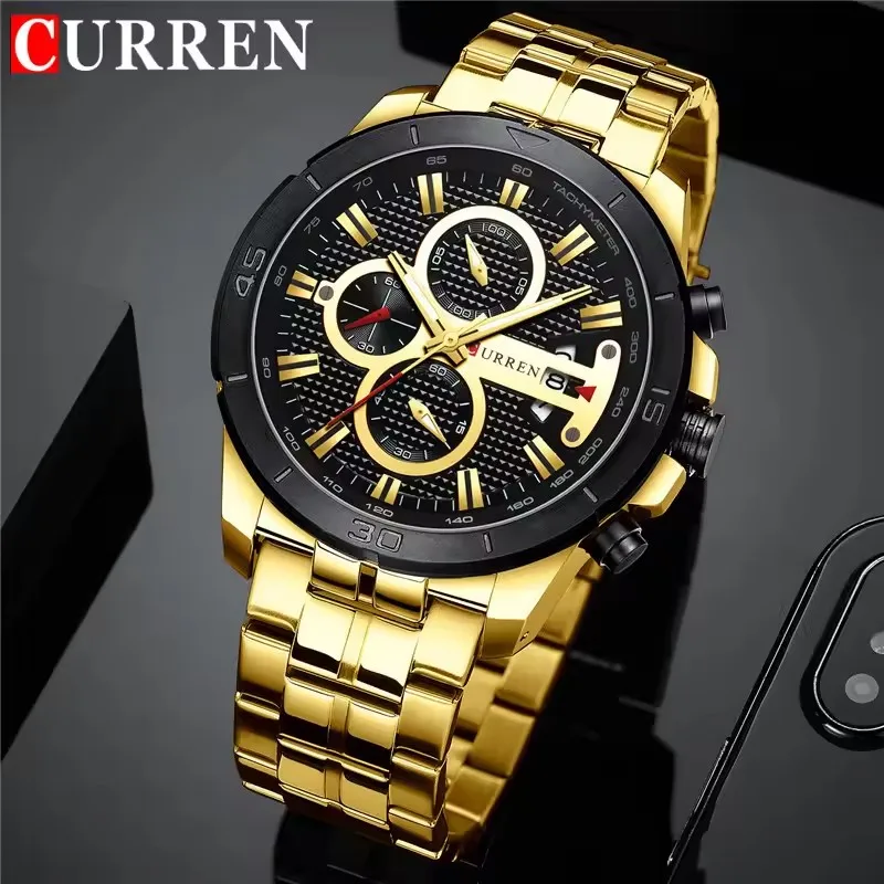CURREN 8359, лучший бренд, мужские кварцевые часы с календарем, водонепроницаемые спортивные часы-будильник с ремешком из нержавеющей стали, деловые мужские часы