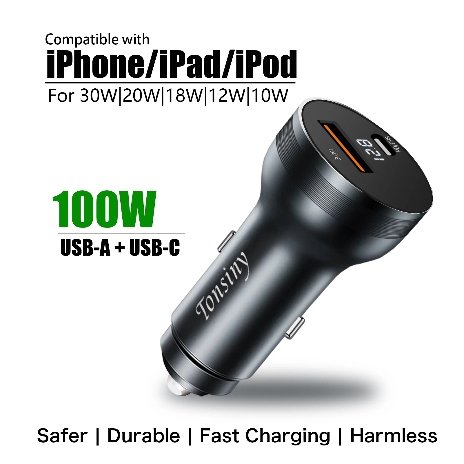 For iPhone 15 Car Charger, 100W car lighter adapter for iPhone14/13/12/11/X/8, 12V 2 Port LED Metal USB socket for iPad Pro/Air