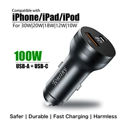 For iPhone 15 Car Charger, 100W car lighter adapter for iPhone14/13/12/11/X/8, 12V 2 Port LED Metal USB socket for iPad Pro/Air