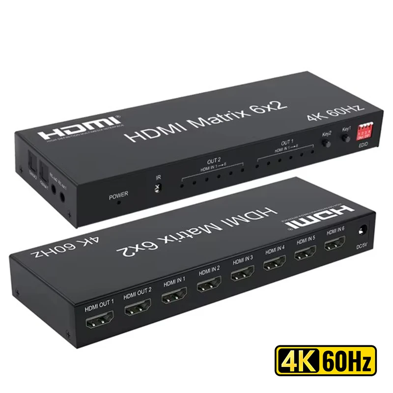 6x2 HDMI Matrix Switch 4K 60Hz HDMI Matrix 6 in 2 out Video Switcher Splitter with optical R/L Audio Extractor for PC Loptop TV