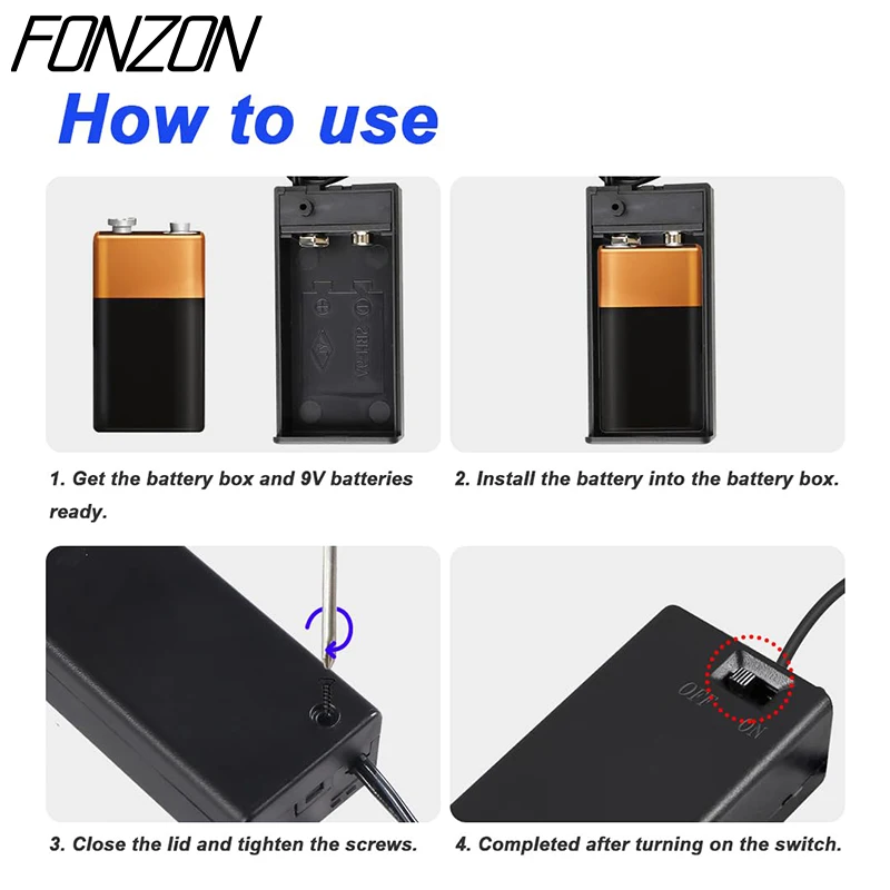 9V Battery Holder With Wires On/Off Switch Cover 5Pcs of 9V Hard-Shell Clip Connector With 15cm Wire Leads
