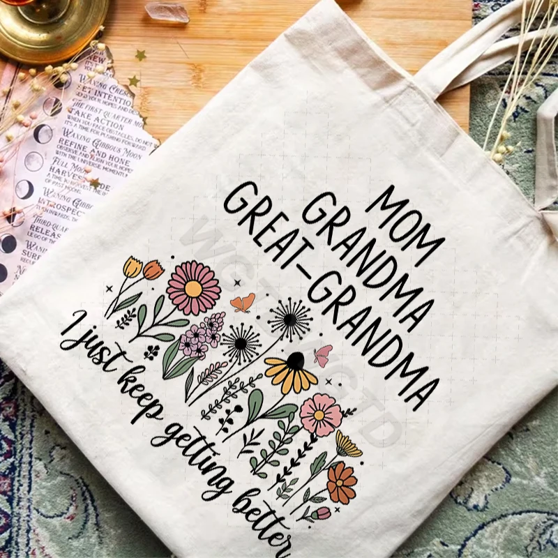 

Vintage Wild Flower "Mom Grandma Great Grandma" Print Canvas Tote Bags Women Casual Mom Life Shopping Reusable Zipper Handbags