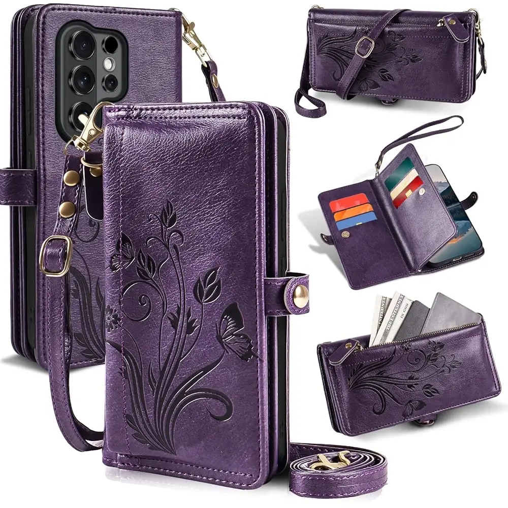 

for Samsung Galaxy S26 Plus Wallet Case,PU Leather Flip Cover,RFID Blocking Card Slots,Zipper,Crossbody Wrist Straps Kicksta