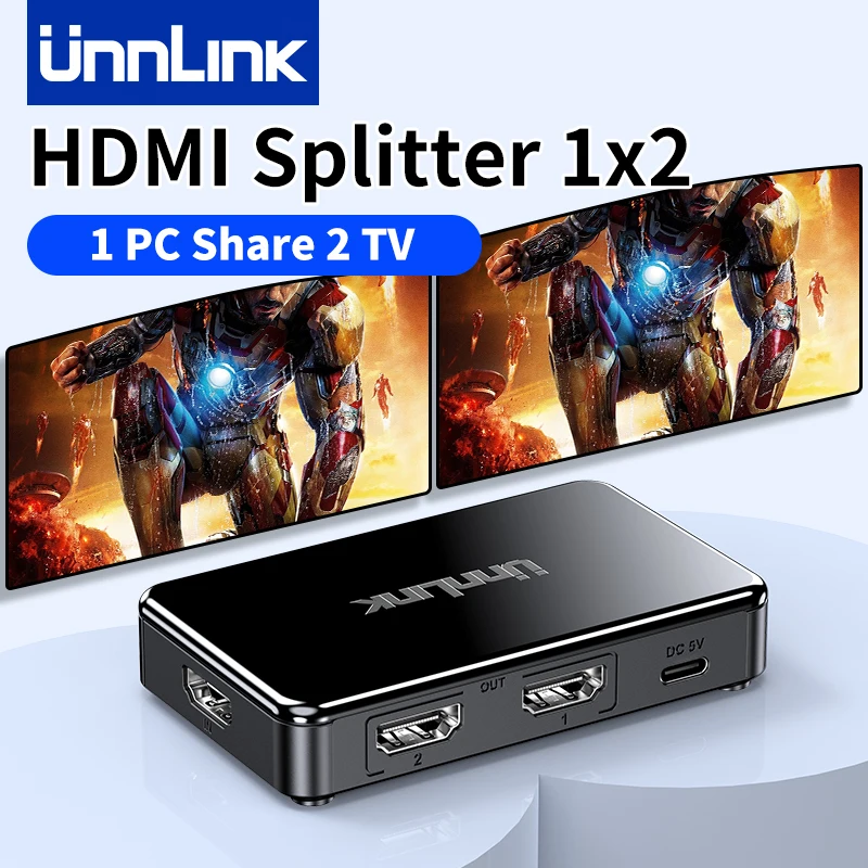 Unnlink 4K HDMI Splitter 1 en 2 salidas divisor de vídeo para ordenador portátil PS4/5 TV Box para monitorear TV proyector adaptador hogar Auto TV tienda