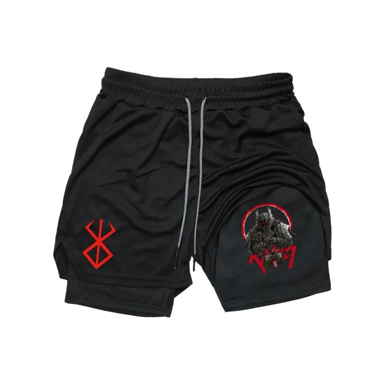 

Мужские шорты с принтом мультяшного Гутса, летние, двухслойные, с буквенным принтом, быстросохнущие, для фитнеса, спортивный костюм, шорты для тренировок