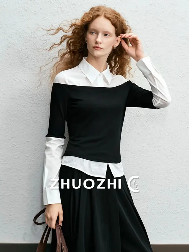 

ZhuoZhi lectual Collar irt Patchwork Breathable ort Sve Women's Faion French Sle Winter New Arrival