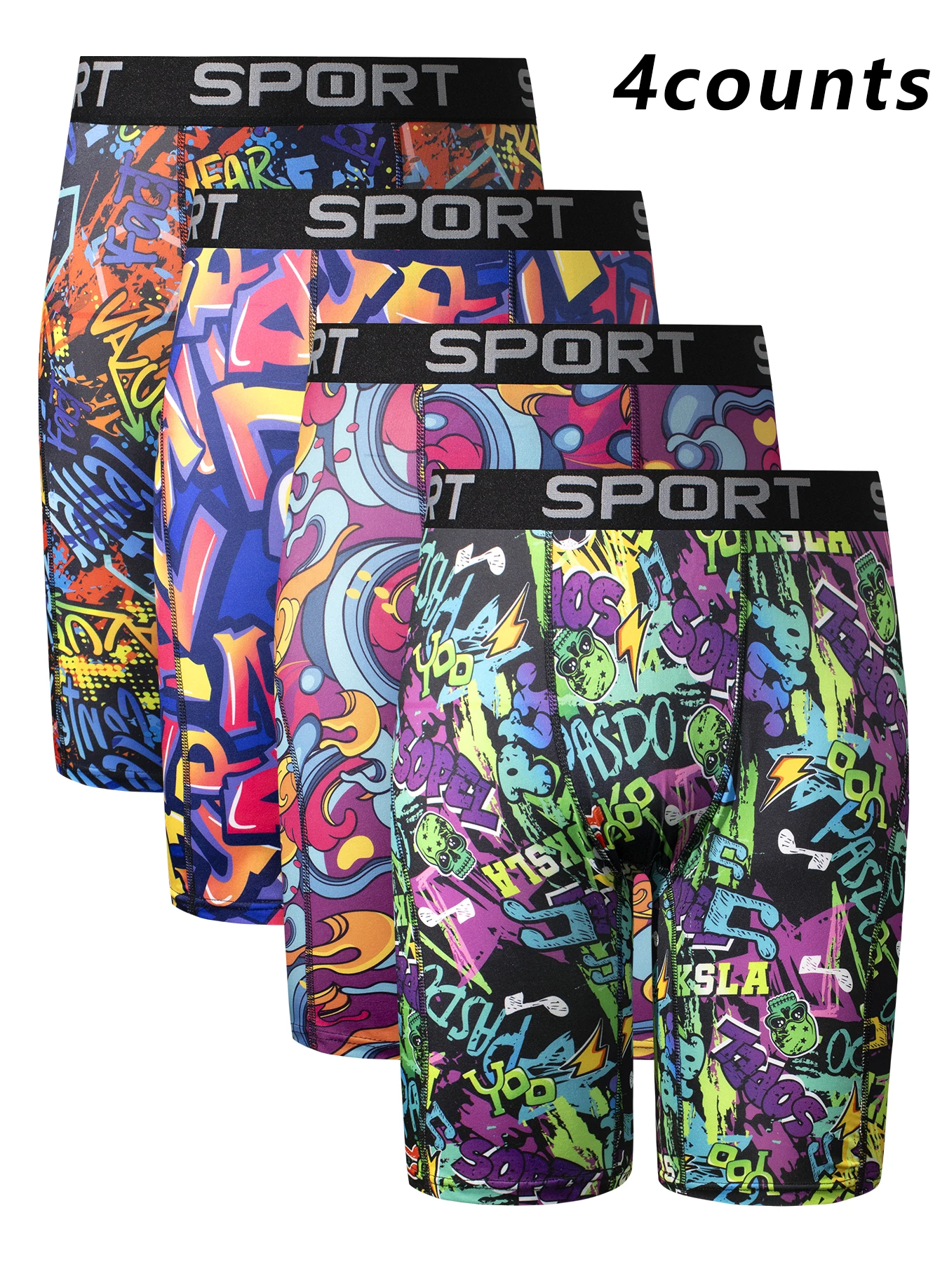 Nuevo 4 pares de ropa interior para hombre, graffiti de dibujos animados a la moda en calzoncillos tipo bóxer elásticos, ropa interior cómoda y suave para hombre
