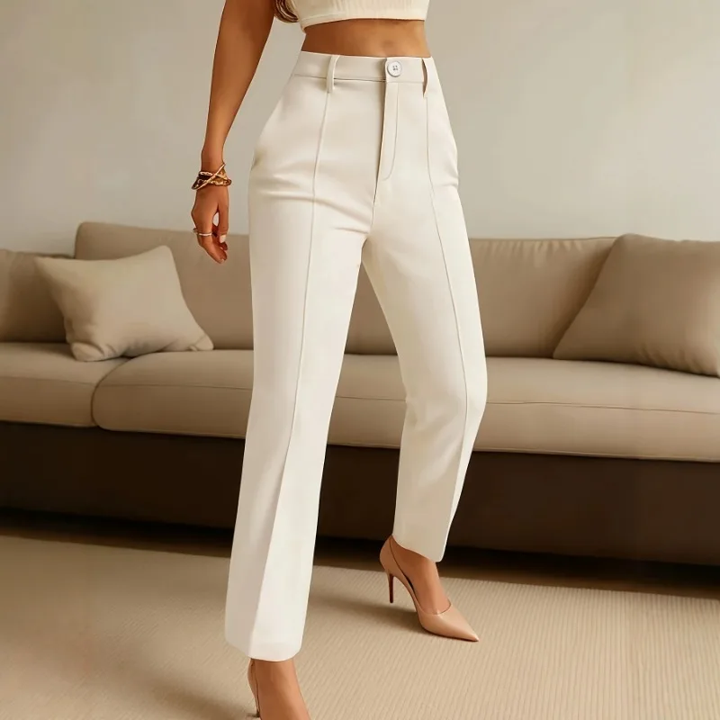 Women High Waist Straight Suit Pants Solid Color High Stretch Formal Office  Trousers