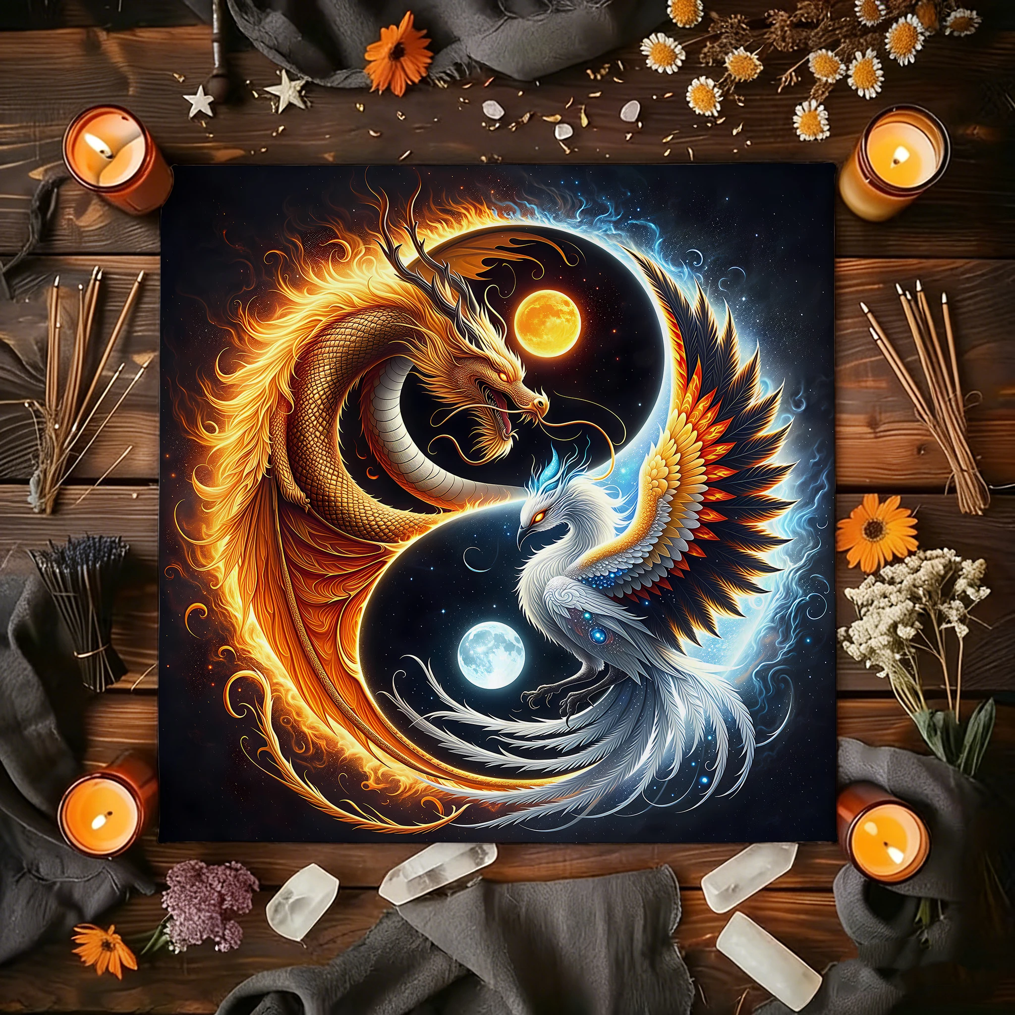 1pc Dragon, Phoenix Taiji Chart Tarot Card Tablecloth, Witchcraft, Astrology, Spiritual Tablecloth, Divination Accessories