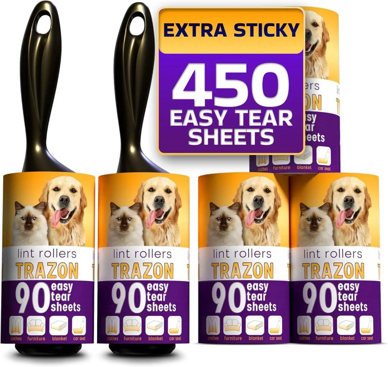

450 Sheets Lint Rollers, 5 Refills, Sticky Pet Hair Remover for Clothes, Carpet, Furniture