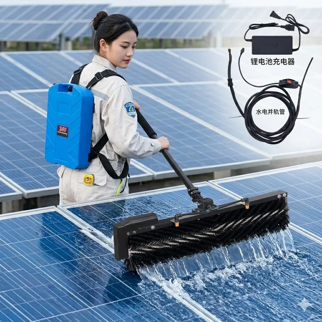 Photovoltaic panel cleaning equipment Handheld roller brush head Dry cleaning Water washing Electric solar cleaning machine