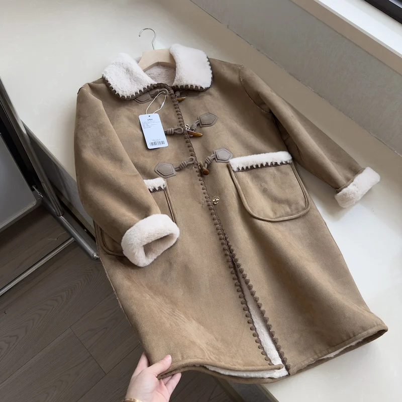 

Autumn Winter Thicker Women's Coats Casual All Match Lapel Straight Leg Jackets College Style Thick Velvet Long Greatcoat