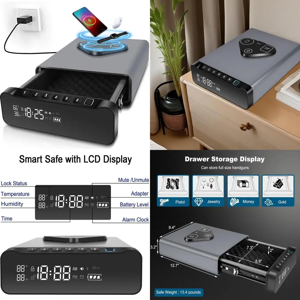 

Биометрический сейф с функцией распознавания отпечатков пальцев, часы 3-в-1 с зарядкой, термометр-будильник для оружия, наличности, ценных вещей