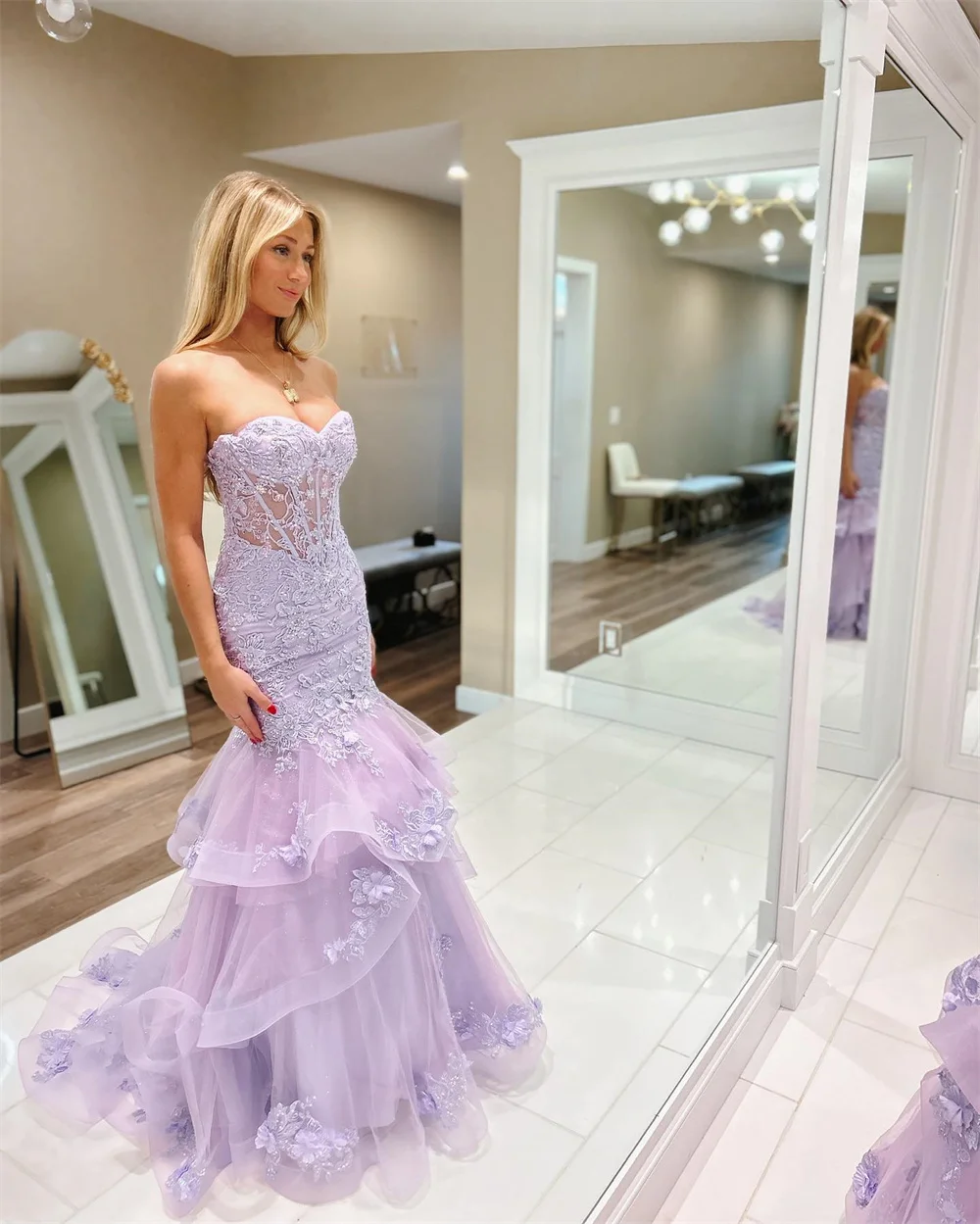 Sansa Sweet Strapless Mermaid Prom Dress Princess Lavender Lace Embroid Vestidos De Noche Edge Curl Fishtail فساتين سهره فاخره