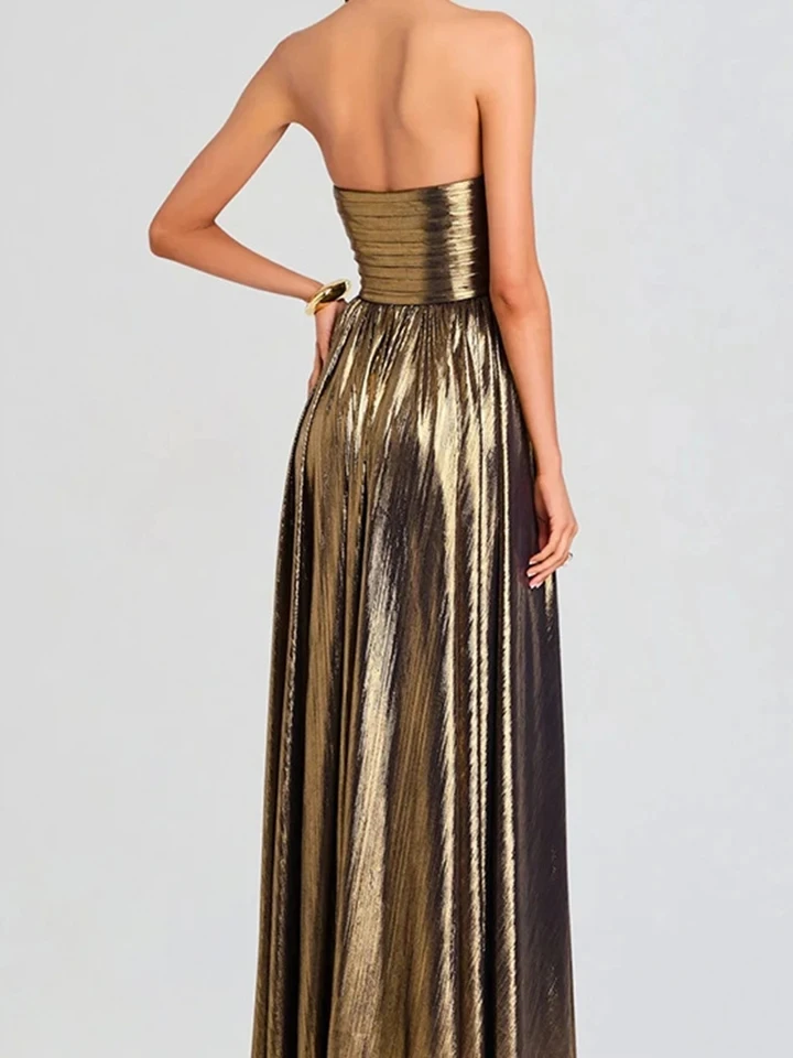 

Temperament Solid Color Slim Evening Dress Lady Sexy Tube Top Bronzing Banquet Dress Elegant Off Shoulder High Waist Fold Dress