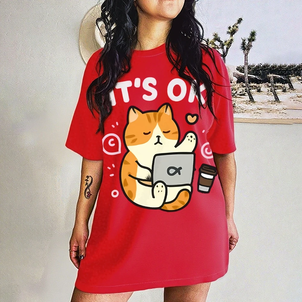 빈티지 아메리칸 그래픽 티셔츠 여름 여성 반팔 한국 스타일 귀여운 고양이 패턴 티 코튼 Y2K 루즈 반팔