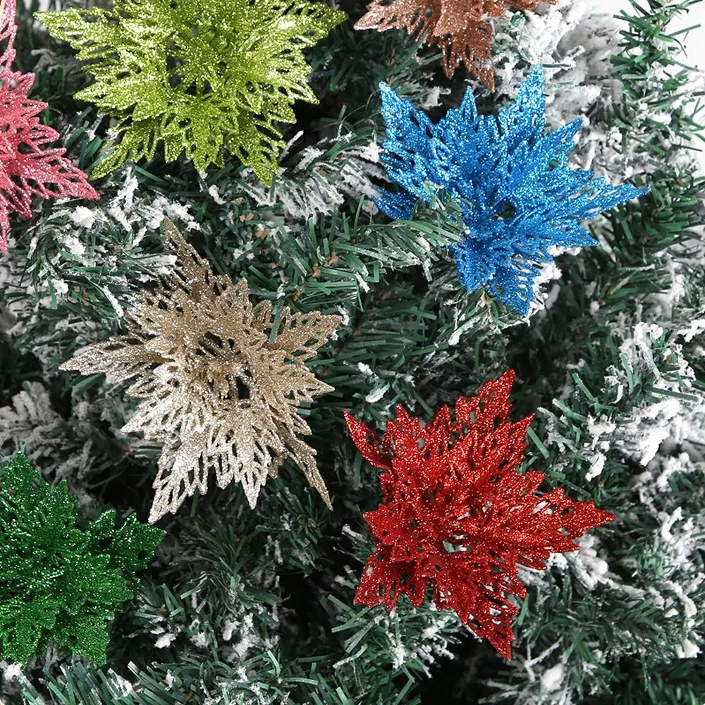 Natal glitter flor ouro prata vermelho artificial poinsétia cabeça floral decoração da árvore de natal casa presentes de ano novo