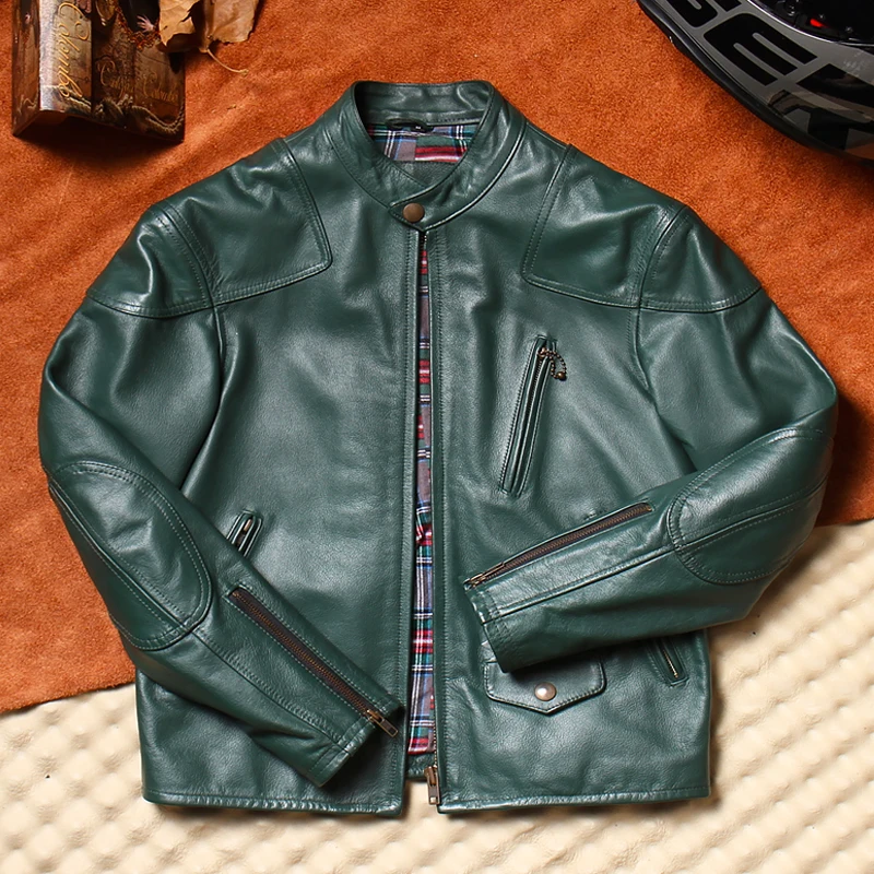 New Style Men's Slim Fit Leather Jacket Stand Collar Thickened Motorcycle Clothes Top Layer Cowhide Fashionable Autumn Coat