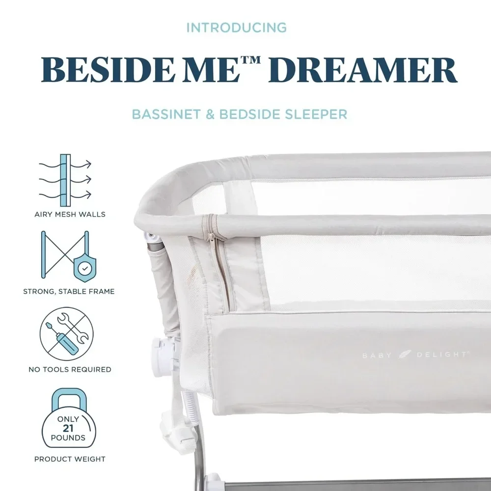 Beside Me Dreamer Bassinet | Bedside Sleeper | 6-Position Height Adjustment | Driftwood Grey