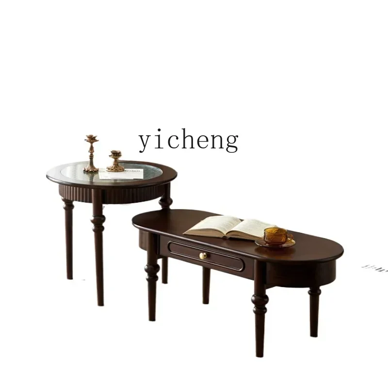 

coffee table TV cabinet combination living room simple solid wood retro side table small apartment round glass tea table