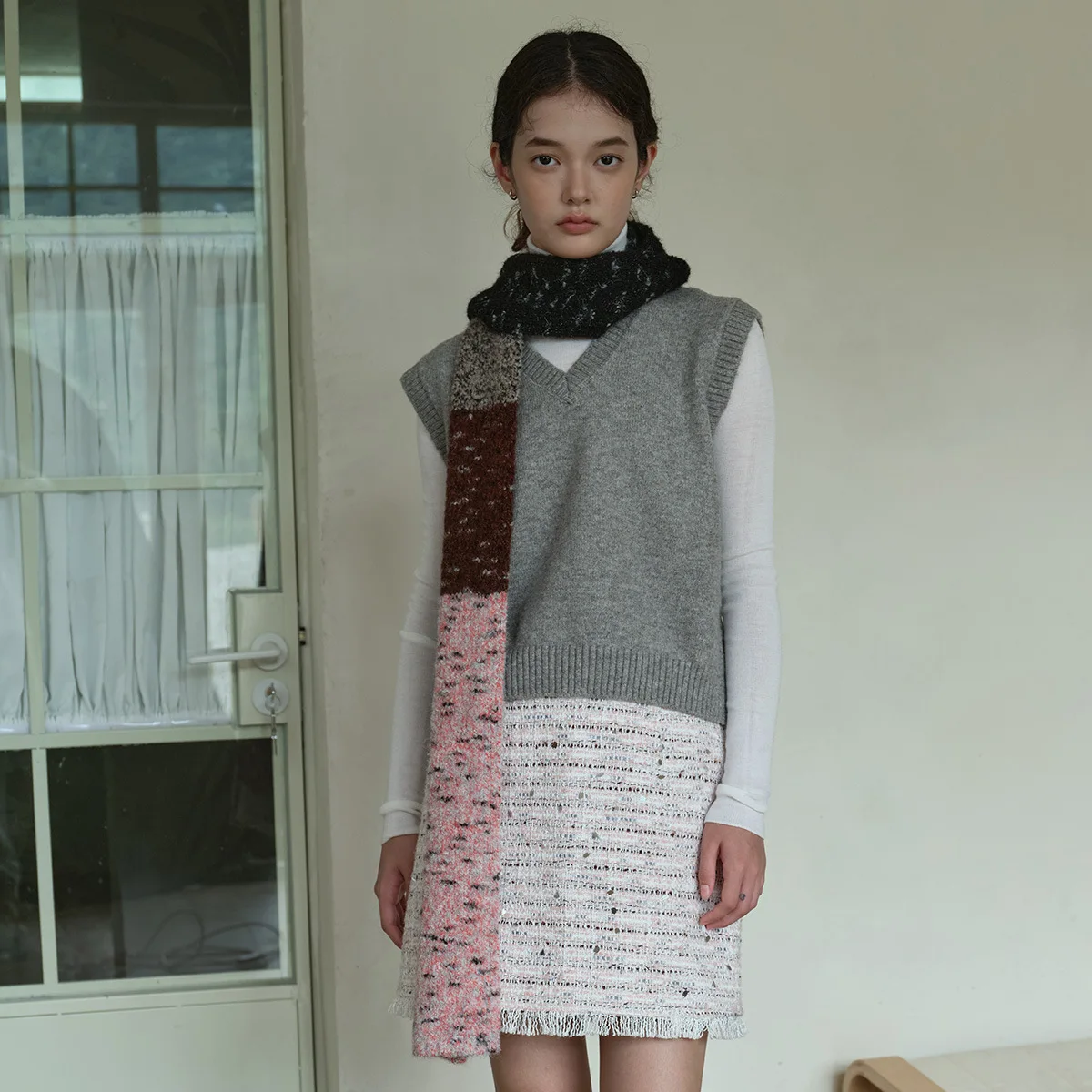 

Вязаный шерстяной шарф в стиле ретро для женщин, мягкий толстый теплый цветной блок, японский стиль, осенне-зимняя накидка на шею