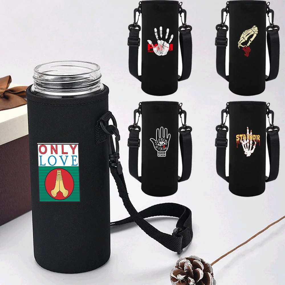 Water Bottle Sleeve Adjustable Strap,  Hand Print Portable Insulated Water Cup Sleeve for 550-1500ML Sports Bottles Case
