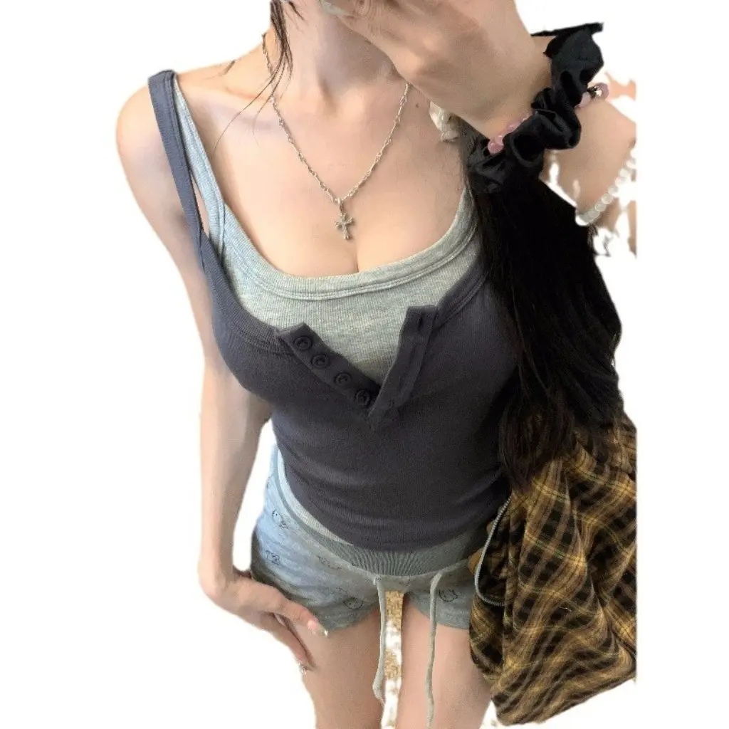 

Women's Slim-fit Camisole Top Contrast Color Design Summer American Style Fake Two-piece Navel Short Outer Wear for Hot Girls