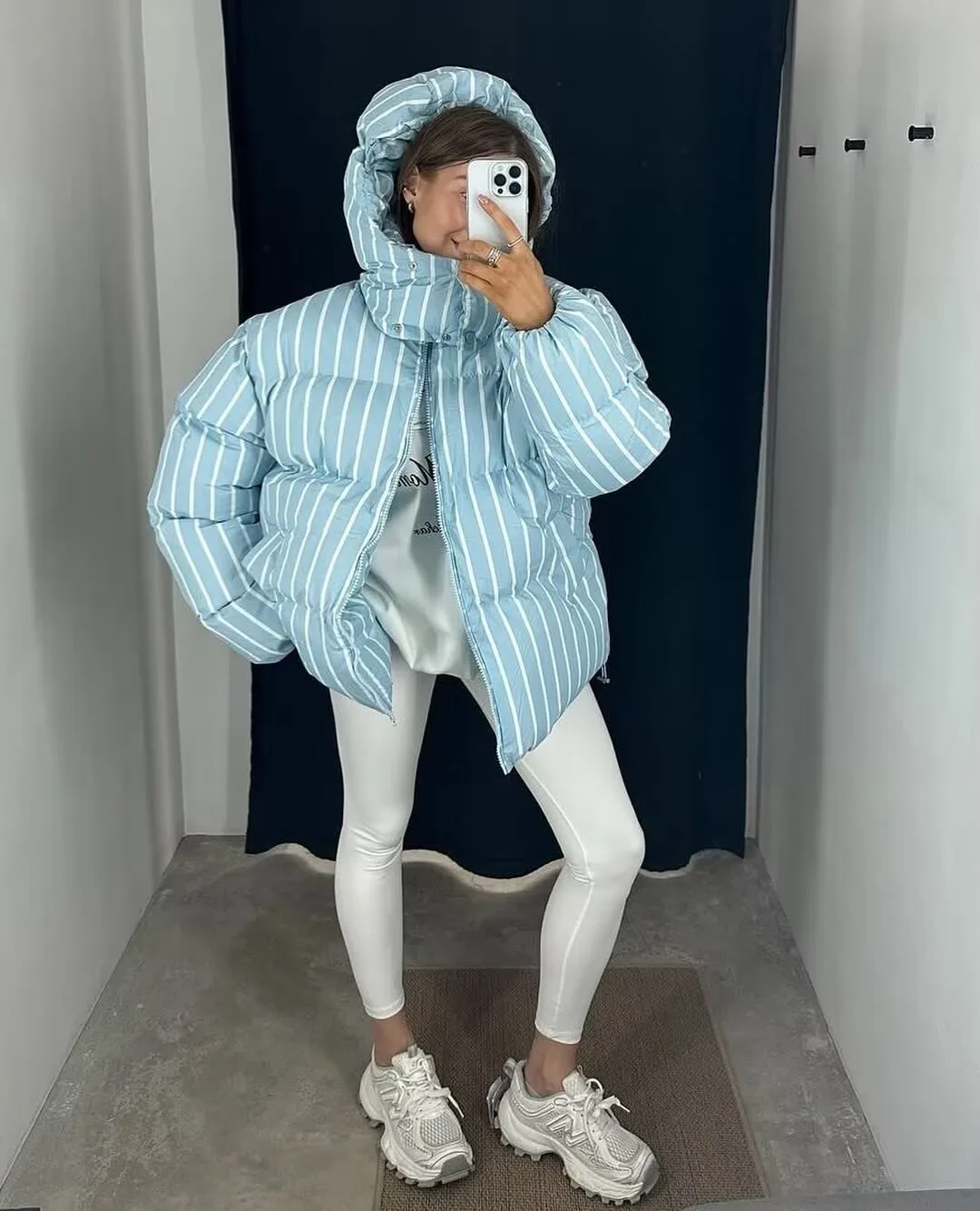 

YENKYE Striped Women Autumn Winter Hooded Bread Jacket Front Zipper Long Sleeve 2025 Casual Female Warm Coat Loose Outerwear