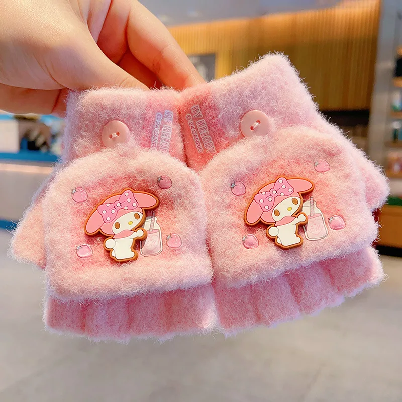 Kuromi children's gloves autumn and winter girls cute cartoon padded five-finger sets girls windproof warm one-finger gloves