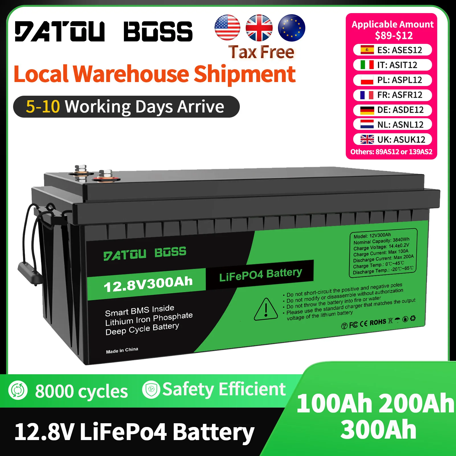 Batteria al litio DATOUBOSS 12V 100Ah LiFePO4 Batteria al litio 1280Wh con BMS 100A migliorato 8000-15000 Cicli profondi Supporto in serie/Paral