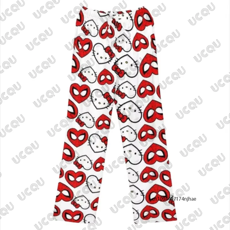 مرحبا كيتي و الرجل العنكبوت الكرتون Y2K طباعة بنطلون بيجاما للنساء الخريف موضة النوم قيعان الأزواج عادية بنطلون طويل