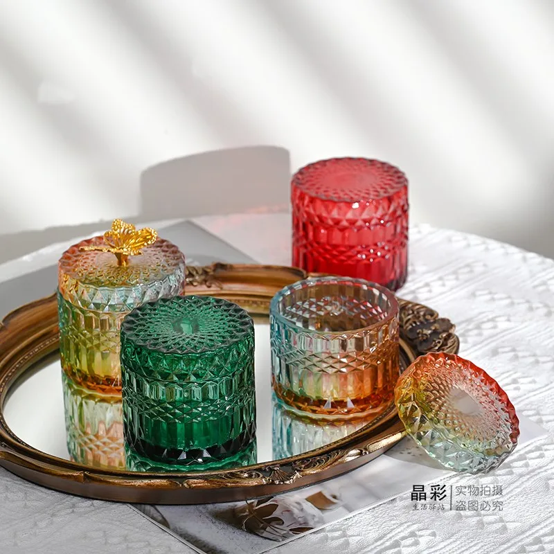 Transparent Glass Jar Jewelry Cotton Swabs Storage Box Embossed European Storage Box Home Decoration Ornaments Storage Jar