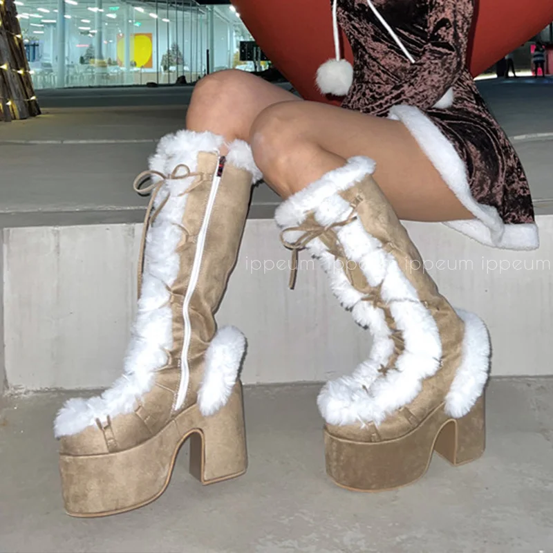 IPPEUM Y2K Platform Boots Women Winter Knee High Furry Cosplay Snow Botas Free Shipping Bratz Shoes