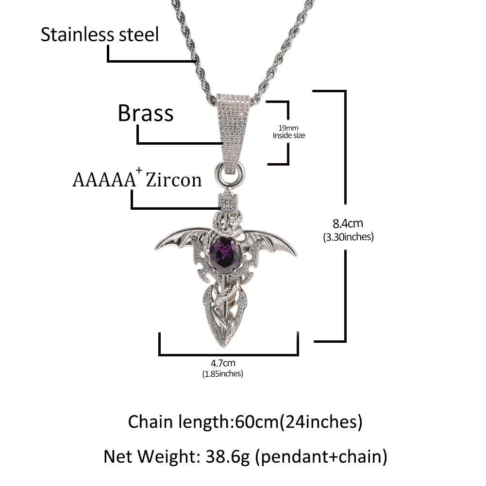 THE BLING KING Men's Fashion Vintage Demon Sword Purple Crystal Pendant Necklace Iced Out 5A Cubic Zircon Gothic Punk Jewelry