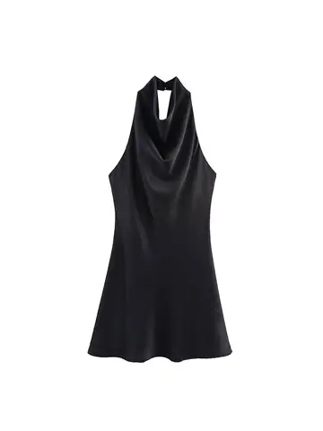 2026 Women Summer Halter Mini Dress Fashion Sexy Satin Backless Solid Female Elegant Street Party Dresses Clothing