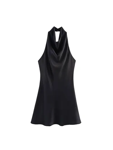 2025 mujeres verano Halter Mini vestido moda Sexy satén espalda descubierta sólido femenino elegante vestidos de fiesta callejera ropa