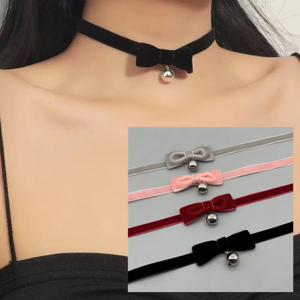 Bowknot Bell Choker Torques Handmade Black Red Pendant Necklace Cosplay Chocker Collar Vintage Christmas Costume Jewelry