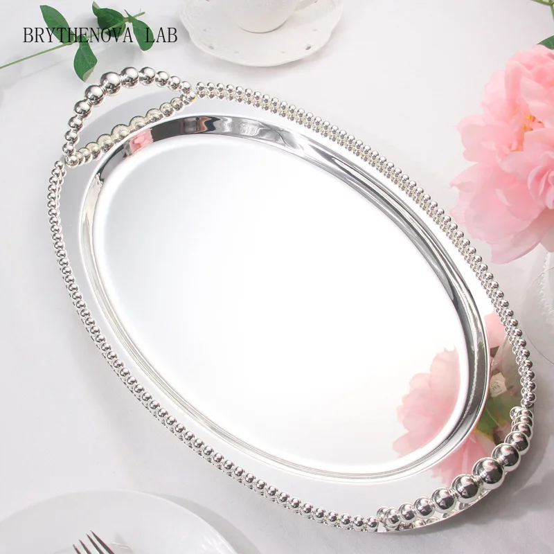 Silver Metal Serving Tray for Home Storage, Decorative Cake Stand with Cutlery Handles, Storage Orgnizer, Oval and Rectangle