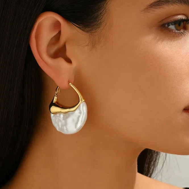 French Geometric Metallic Pearl Hoop Earrings For Women Vintage Fashion New Jewelry Gift Party Daily серьги женские