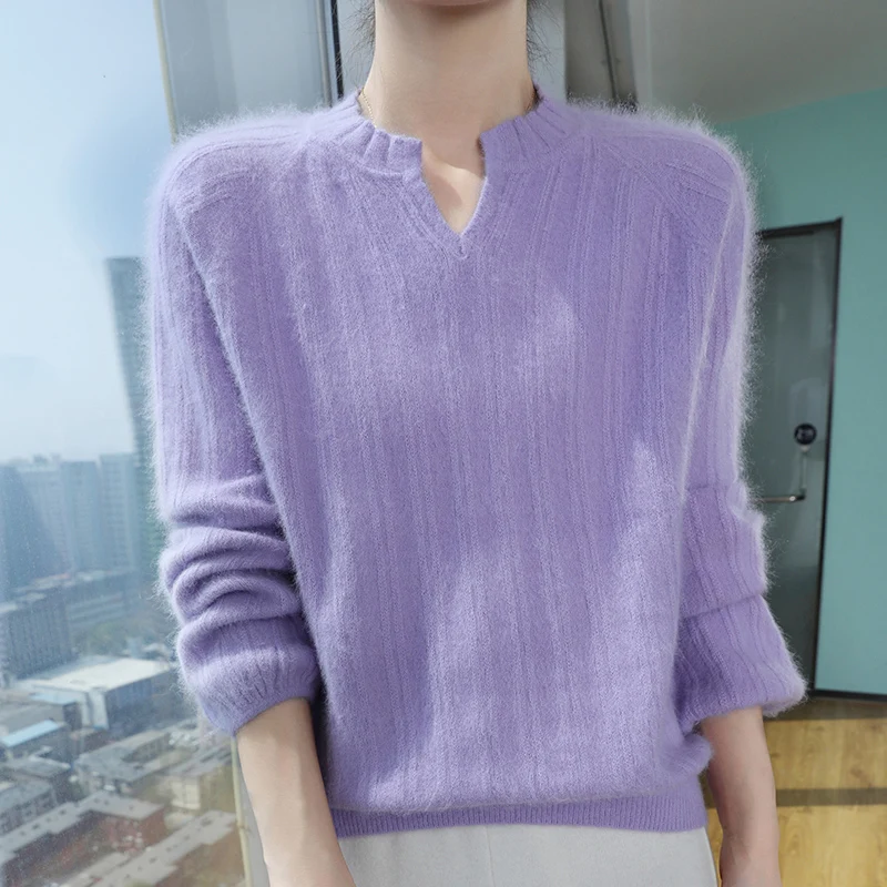 

Autumn and winter semi open collar fashionable mink sweater women's pullover long sleeved vertical stripe loose knit sweater