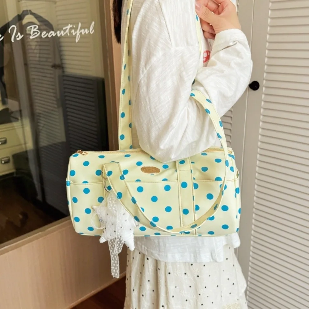 Trendy Cylinder Polka Dot Shoulder Bag Zipper Closure With Star Pendant Pillow Bag Lace Strap Large Capacity Handbag Casual