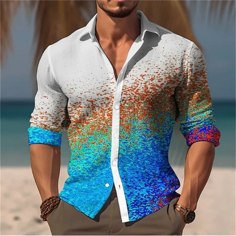 

2023 Men's shirt button shirt half stitching trend new geometric flower clear pattern shirt clothing soft and comfortable