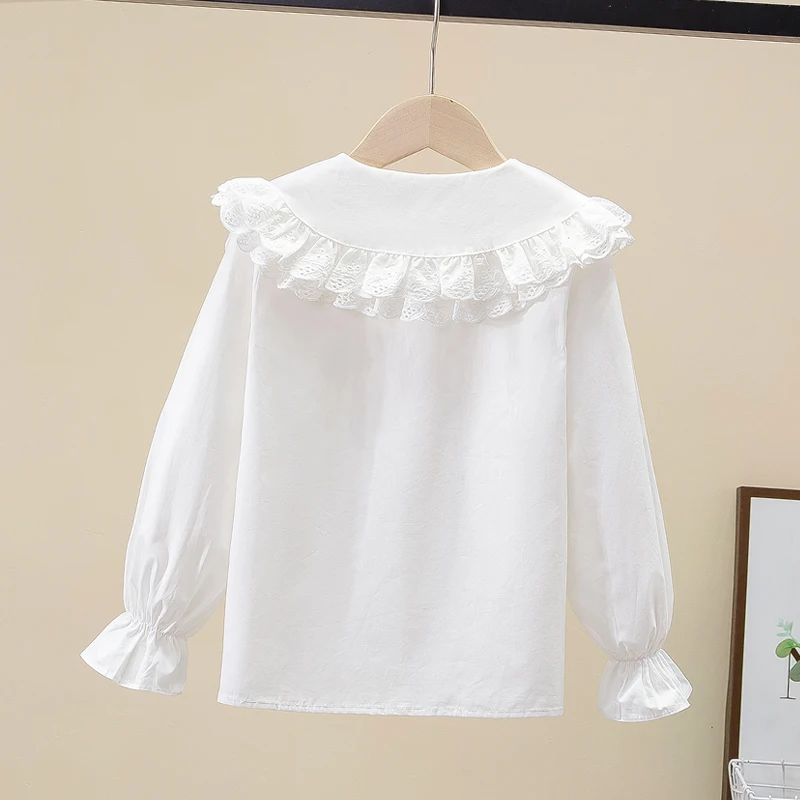 Girls spring and summer white doll collar shirt big kidsren\'s long-sleeved shirt fashionable lace top