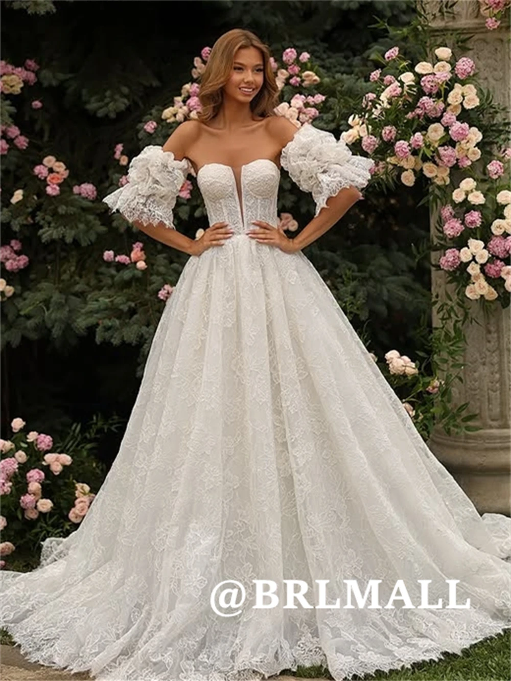 

Personalized Lace Bridal Gown with Detachable Sleeves, Custom Sizing A-Line Long Wedding Dresses for Women, Tailored Bride Dress