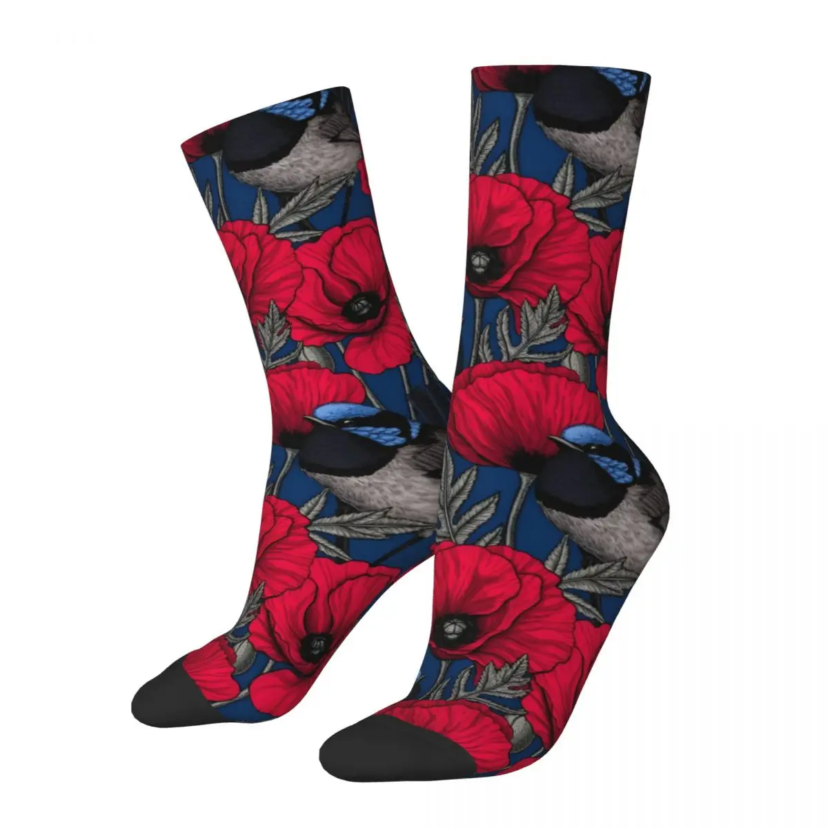 Vintage Fairy Wren And Poppies Men's compression Socks Unisex Harajuku Seamless Printed Novelty Crew Sock