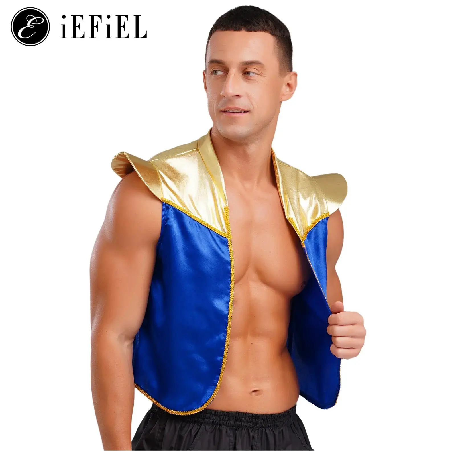 

Men Arabian Prince Street Rats Cosplay Costume Metallic Cap Sleeve Open Front Waistcoat Top Halloween Roleplay Vest