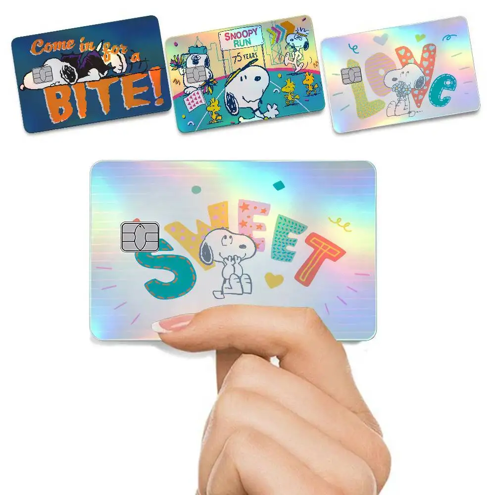 Cartoon S-SnoopyS 4 Stück/Set holografische Laser-Kreditkartenaufkleber, schillernd, wasserfest, passend für alle Standard-Bankkarten