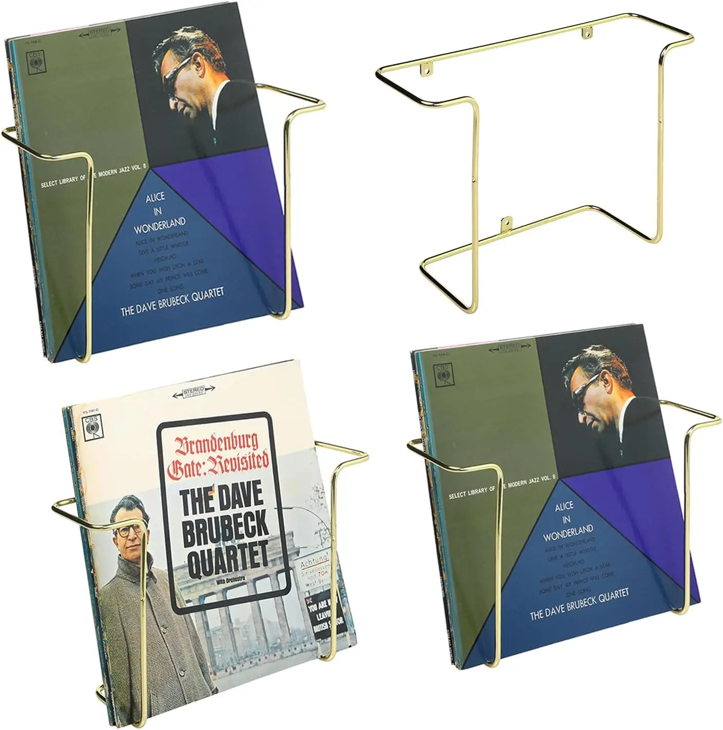 

Modern Metal Wall Mounted Vinyl Record Storage Racks, Floating Album Display Shelves, Set of 2 (Brass-4 Pcs)