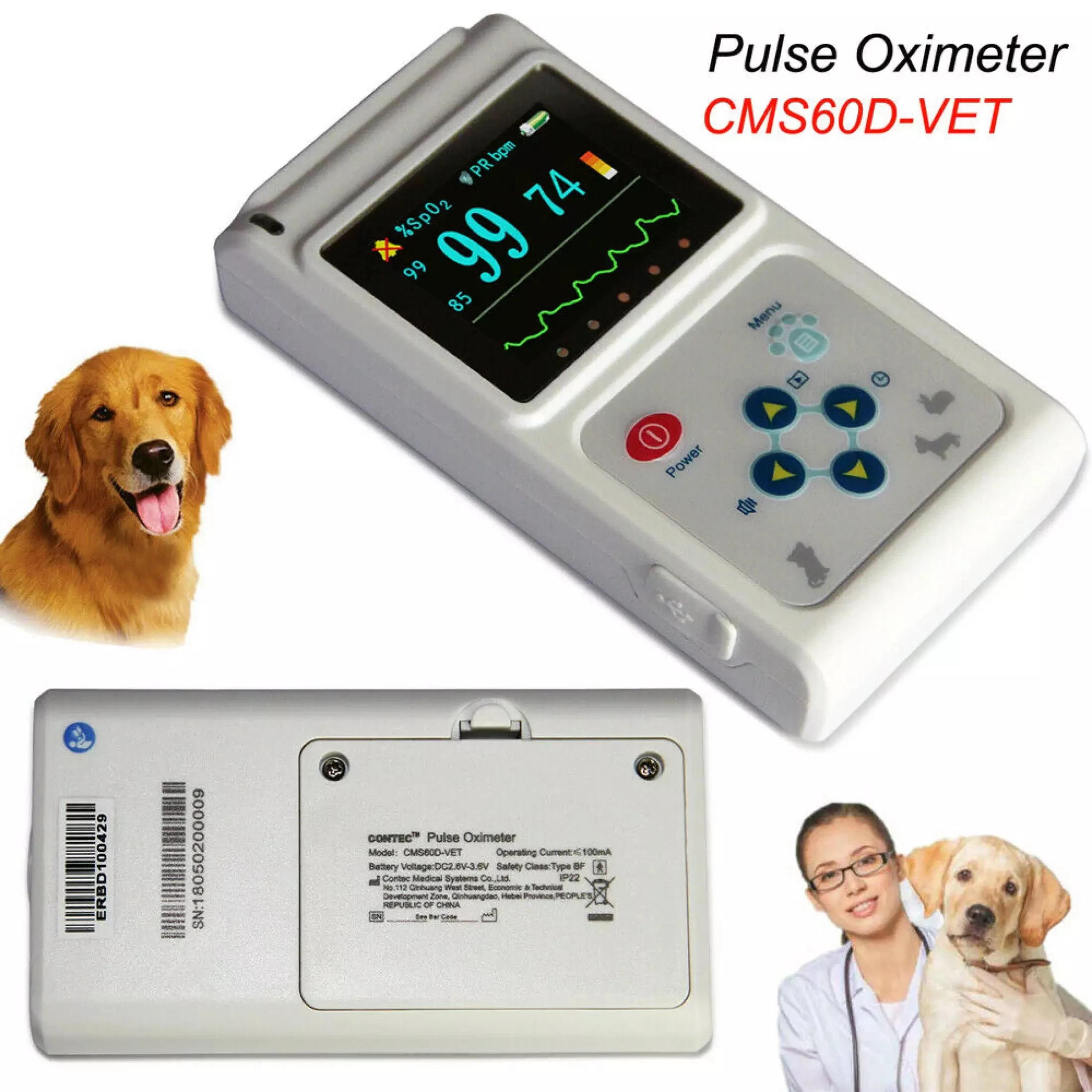 CMS60D Veterinary Pulse Oximeter SPO2 heart Rate monitor VET Ear/Tongue Probe PC Software